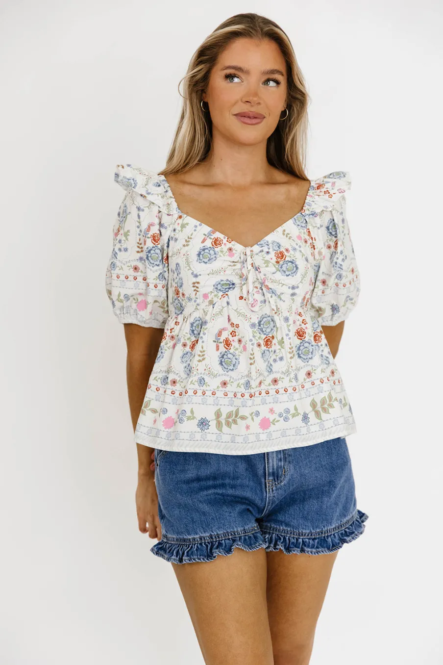 Online Worth Collective Dahlia Floral Puff Sleeve Blouse in Cream