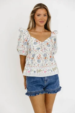 Online Worth Collective Dahlia Floral Puff Sleeve Blouse in Cream