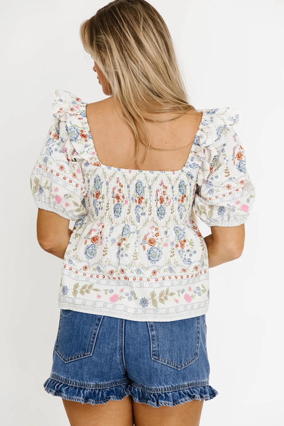Online Worth Collective Dahlia Floral Puff Sleeve Blouse in Cream