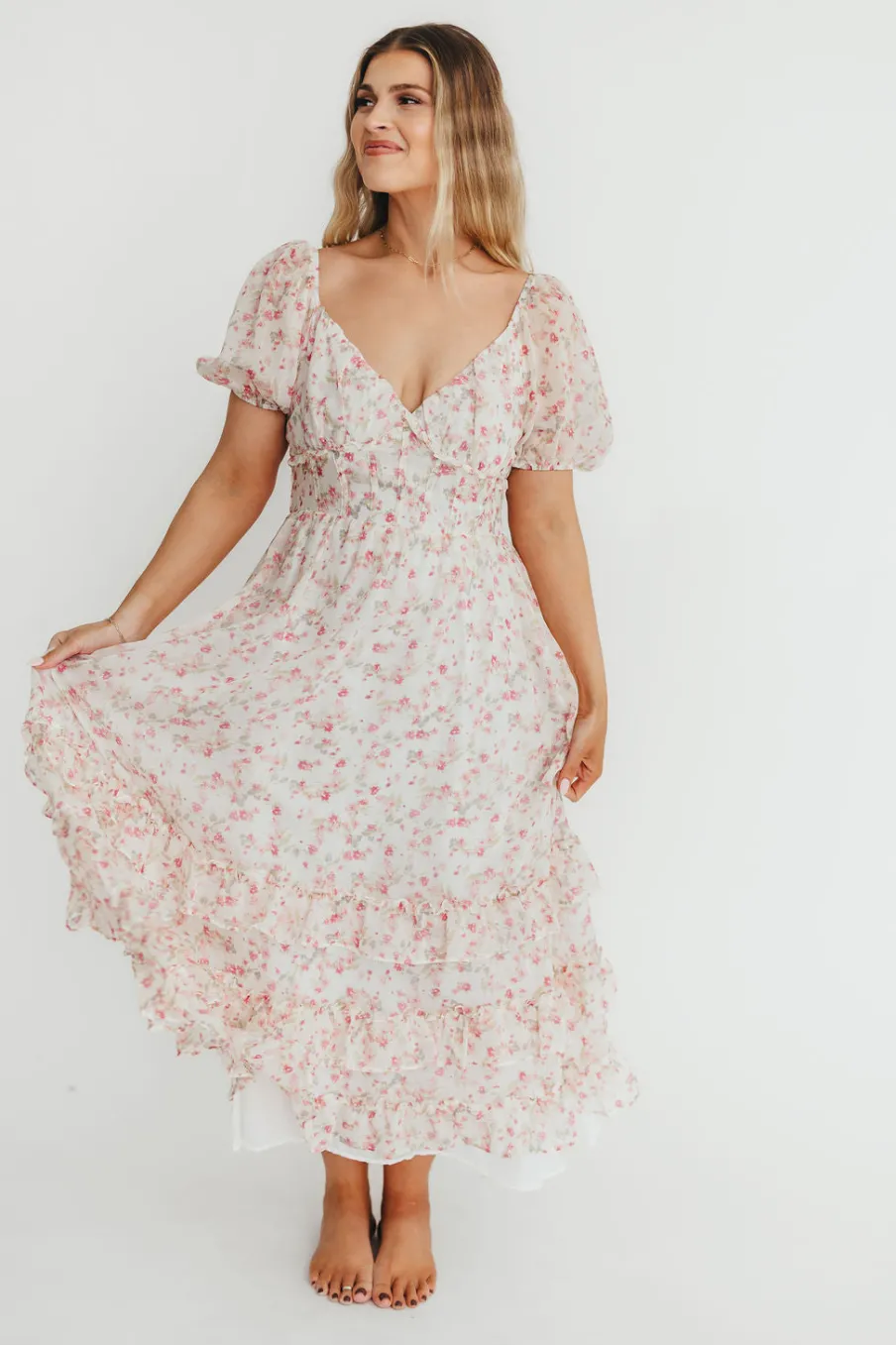 New Worth Collective Danielle Corset Maxi Dress in White/Pink Floral