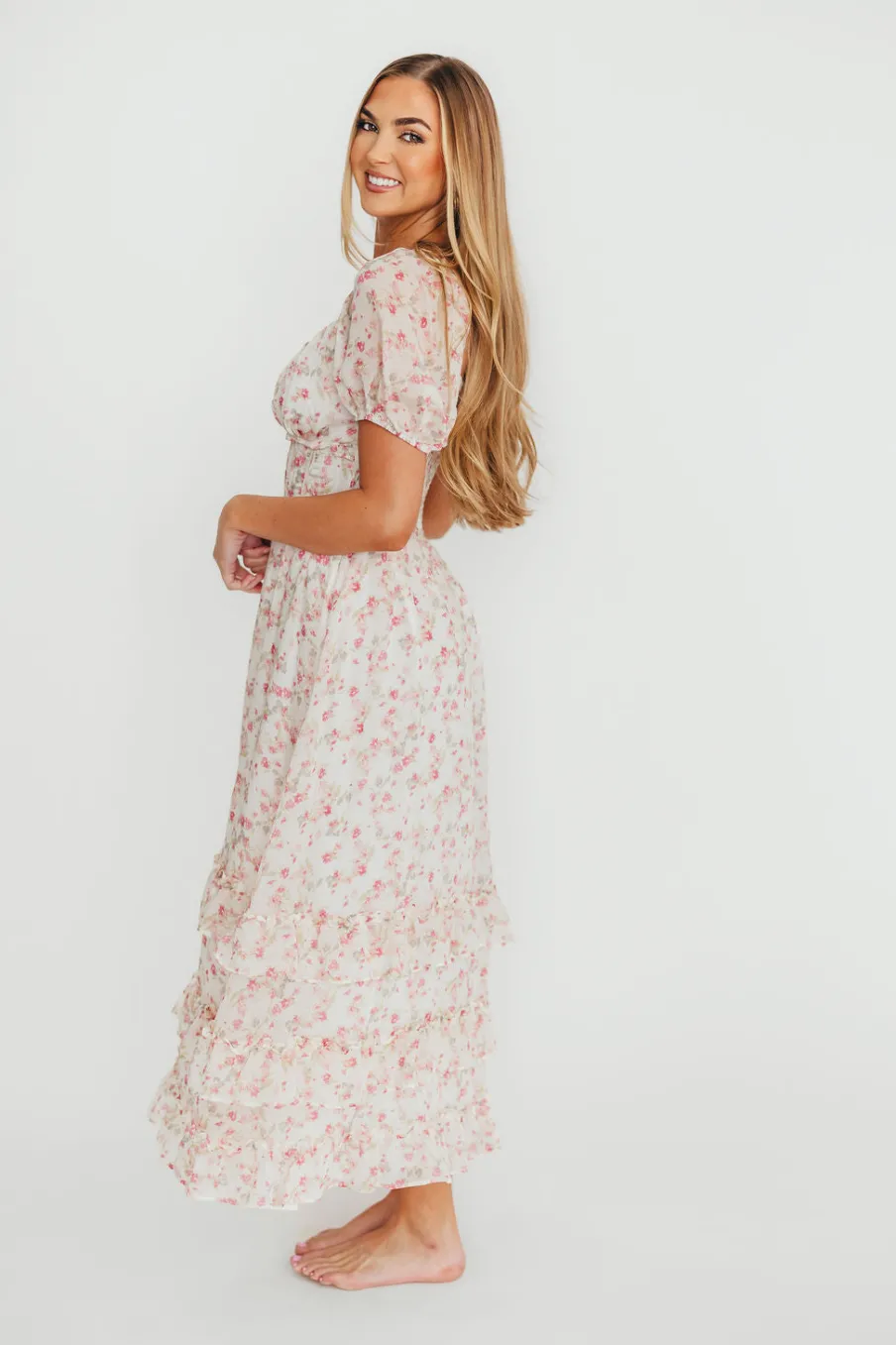 New Worth Collective Danielle Corset Maxi Dress in White/Pink Floral
