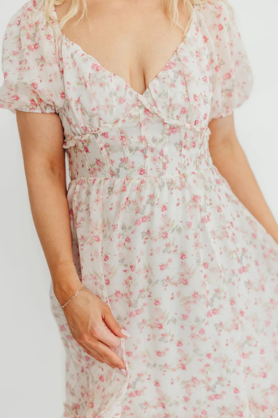 New Worth Collective Danielle Corset Maxi Dress in White/Pink Floral