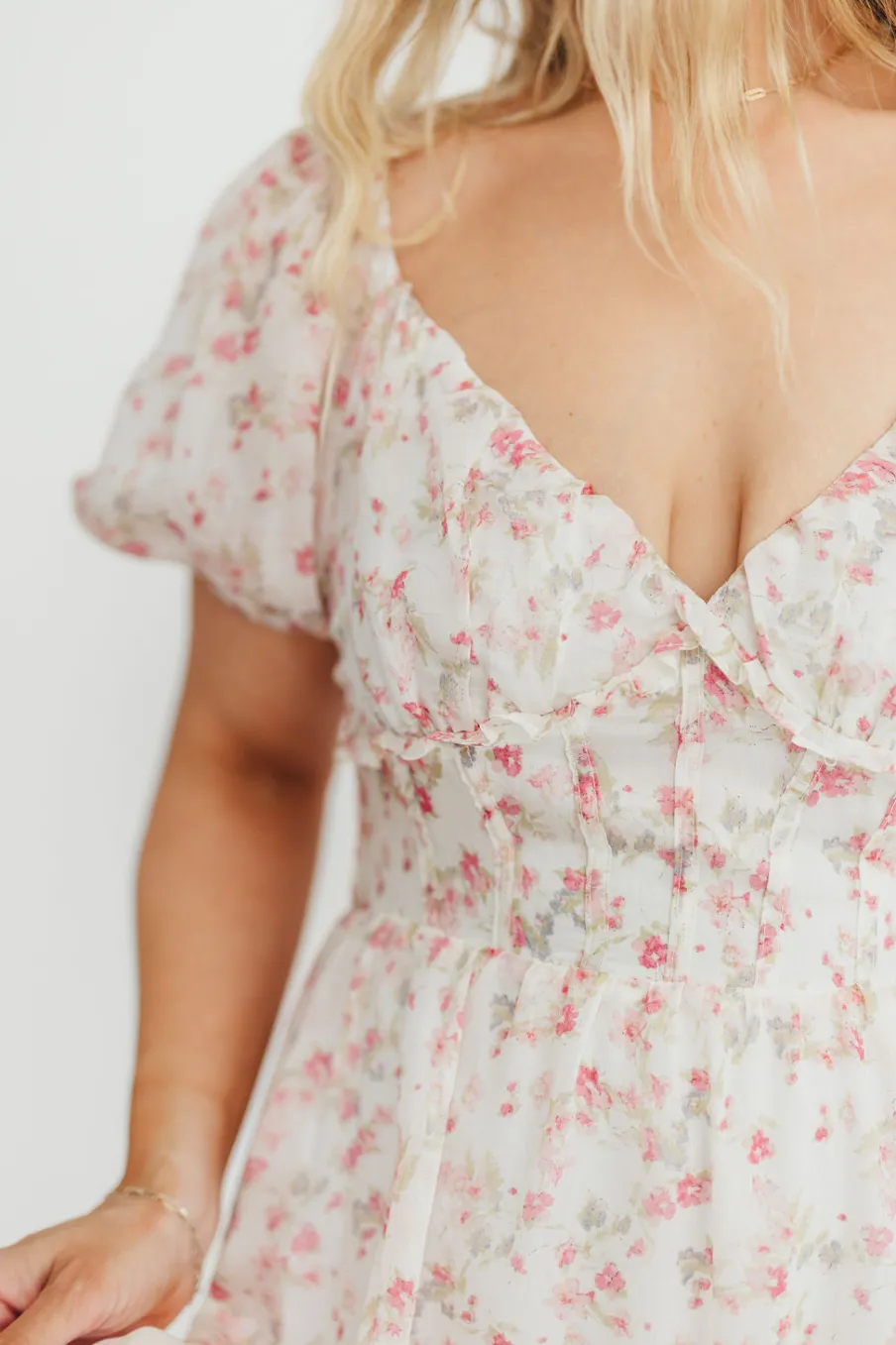 New Worth Collective Danielle Corset Maxi Dress in White/Pink Floral