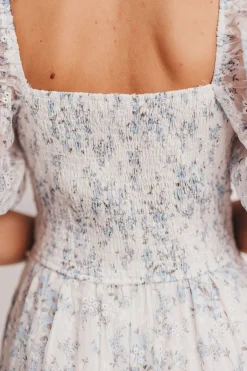 New Worth Collective Daphne High Slit Eyelet Detail Maxi Dress in Blue and White Floral - I