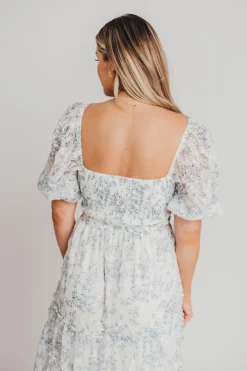 New Worth Collective Daphne High Slit Eyelet Detail Maxi Dress in Blue and White Floral - I