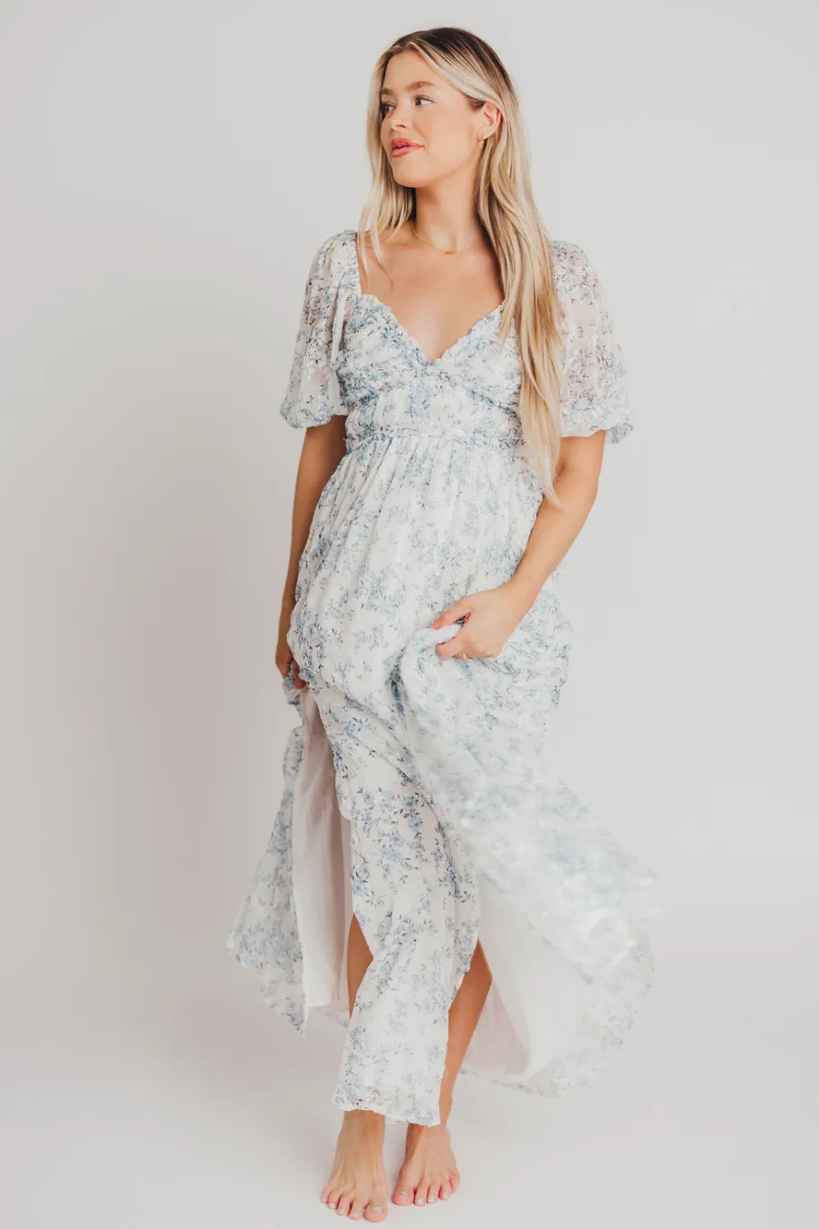 New Worth Collective Daphne High Slit Eyelet Detail Maxi Dress in Blue and White Floral - I