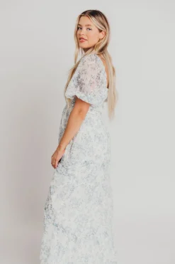 New Worth Collective Daphne High Slit Eyelet Detail Maxi Dress in Blue and White Floral - I