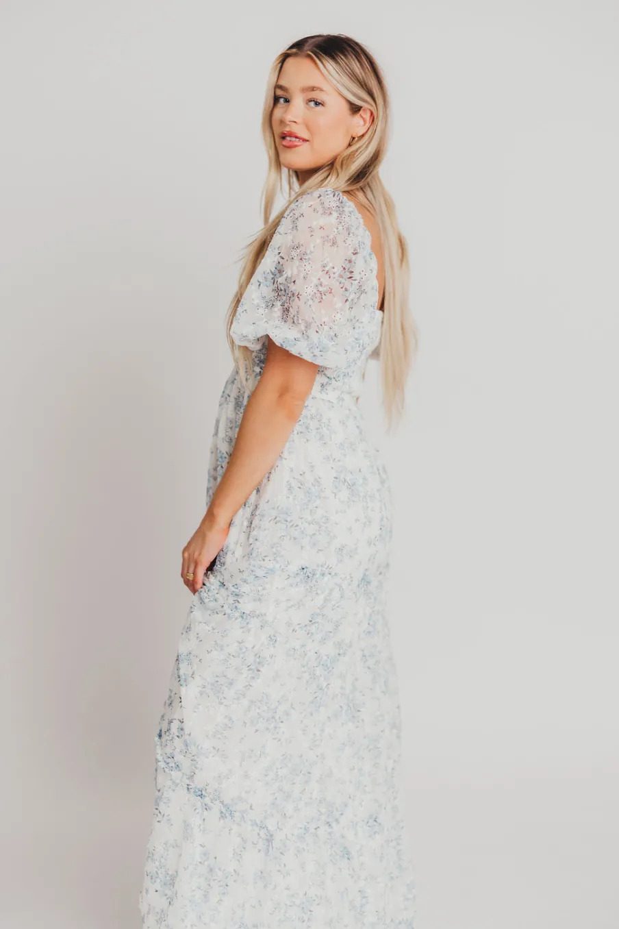 New Worth Collective Daphne High Slit Eyelet Detail Maxi Dress in Blue and White Floral - I