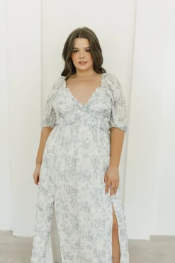 New Worth Collective Daphne High Slit Eyelet Detail Maxi Dress in Blue and White Floral - I