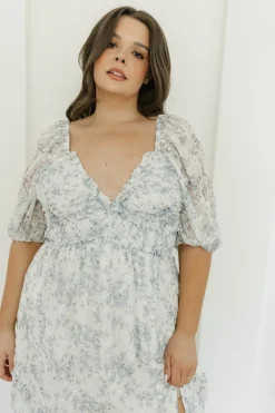 New Worth Collective Daphne High Slit Eyelet Detail Maxi Dress in Blue and White Floral - I