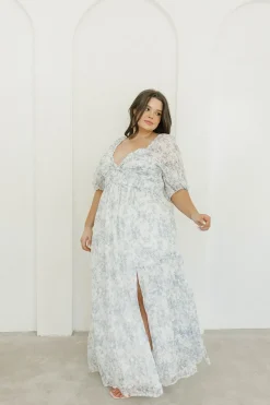 New Worth Collective Daphne High Slit Eyelet Detail Maxi Dress in Blue and White Floral - I