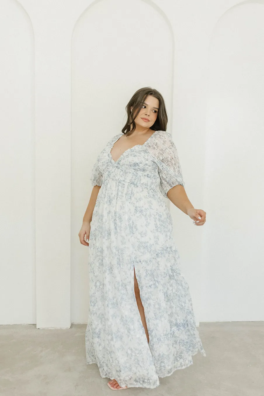New Worth Collective Daphne High Slit Eyelet Detail Maxi Dress in Blue and White Floral - I