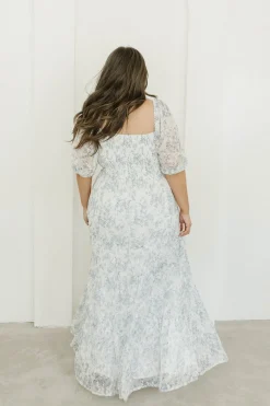 New Worth Collective Daphne High Slit Eyelet Detail Maxi Dress in Blue and White Floral - I