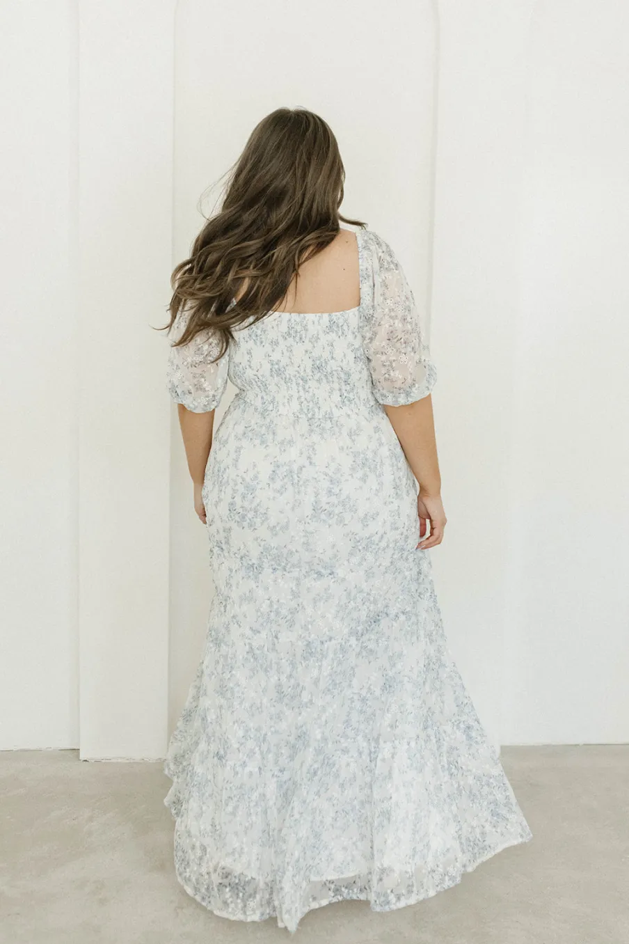 New Worth Collective Daphne High Slit Eyelet Detail Maxi Dress in Blue and White Floral - I