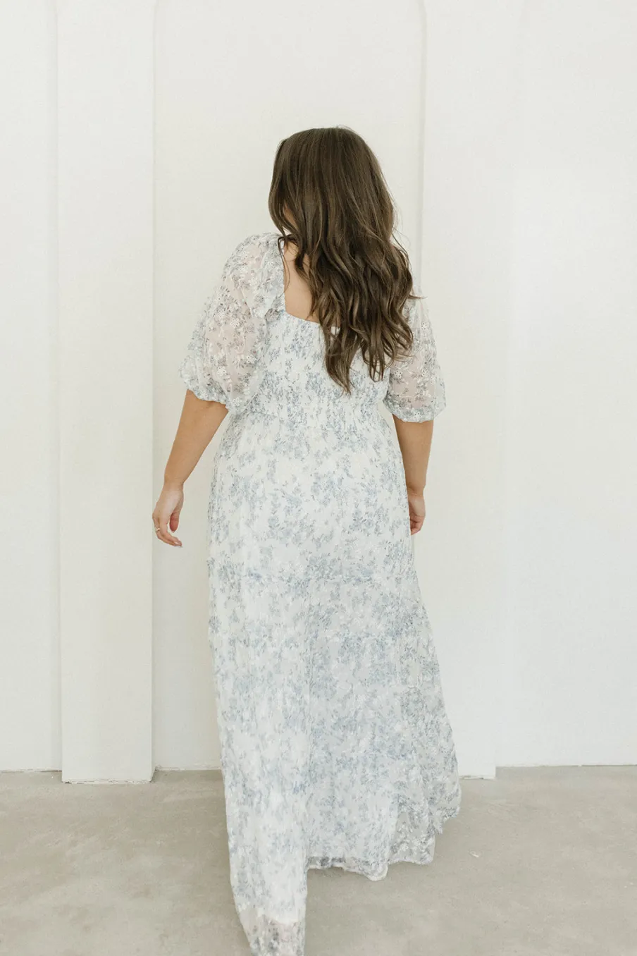 New Worth Collective Daphne High Slit Eyelet Detail Maxi Dress in Blue and White Floral - I