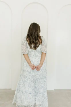 New Worth Collective Daphne High Slit Eyelet Detail Maxi Dress in Blue and White Floral - I