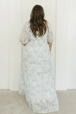 New Worth Collective Daphne High Slit Eyelet Detail Maxi Dress in Blue and White Floral - I