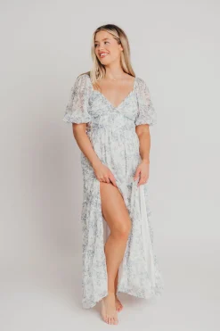 New Worth Collective Daphne High Slit Eyelet Detail Maxi Dress in Blue and White Floral - I