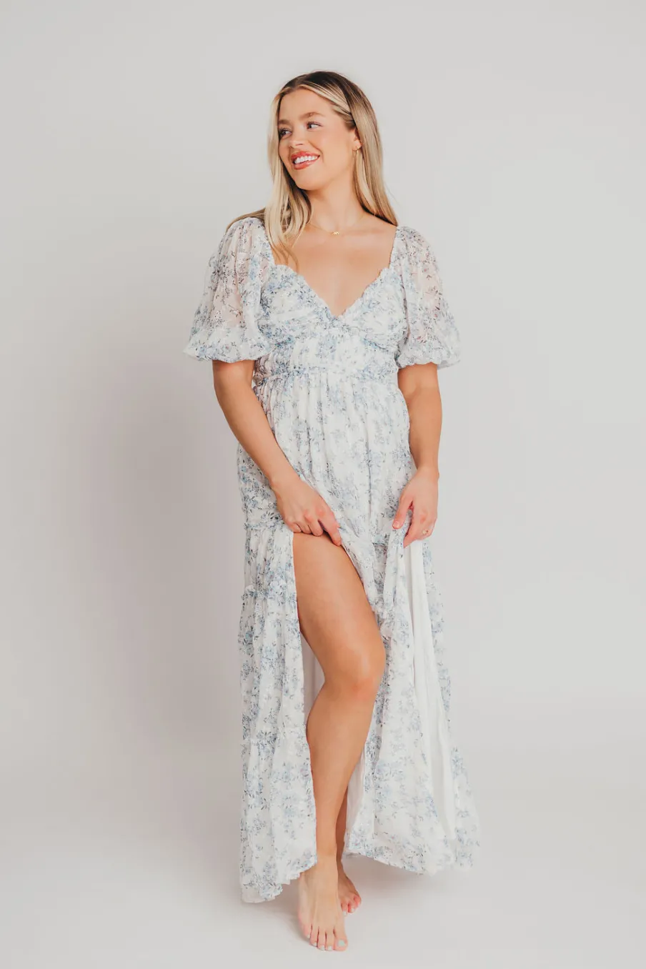 New Worth Collective Daphne High Slit Eyelet Detail Maxi Dress in Blue and White Floral - I