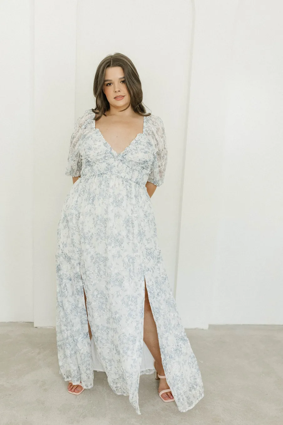 New Worth Collective Daphne High Slit Eyelet Detail Maxi Dress in Blue and White Floral - I