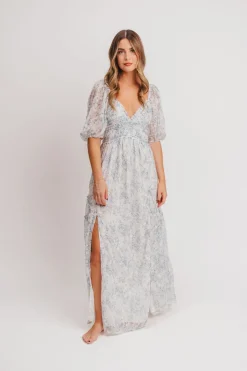 New Worth Collective Daphne High Slit Eyelet Detail Maxi Dress in Blue and White Floral - I