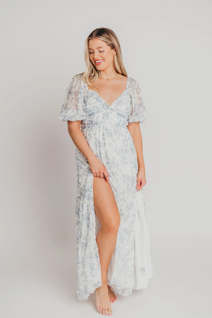 New Worth Collective Daphne High Slit Eyelet Detail Maxi Dress in Blue and White Floral - I