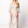 Hot Worth Collective Daphne Long Sleeve Maxi Dress in Beige/Blue Floral - Bump Friendly & I