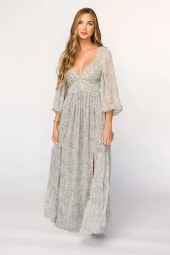Online Worth Collective Daphne Long Sleeve Maxi Dress in Sage/Pink/Ivory Floral - Bump Friendl