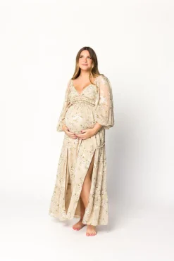 New Worth Collective Daphne Long Sleeve Maxi Dress in Beige Multi Floral - Bump Friendly &