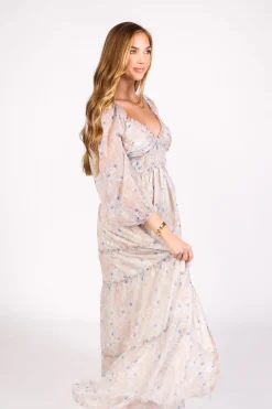 Hot Worth Collective Daphne Long Sleeve Maxi Dress in Beige/Blue Floral - Bump Friendly & I