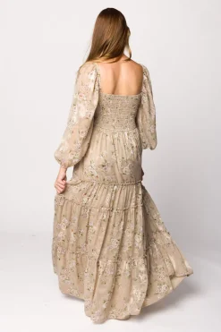 New Worth Collective Daphne Long Sleeve Maxi Dress in Beige Multi Floral - Bump Friendly &