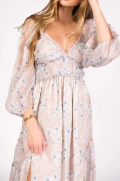 Hot Worth Collective Daphne Long Sleeve Maxi Dress in Beige/Blue Floral - Bump Friendly & I
