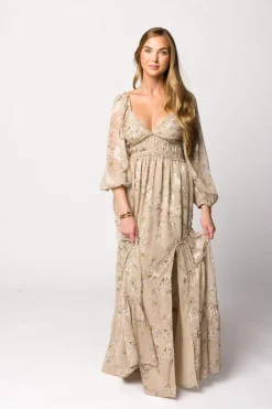 New Worth Collective Daphne Long Sleeve Maxi Dress in Beige Multi Floral - Bump Friendly &