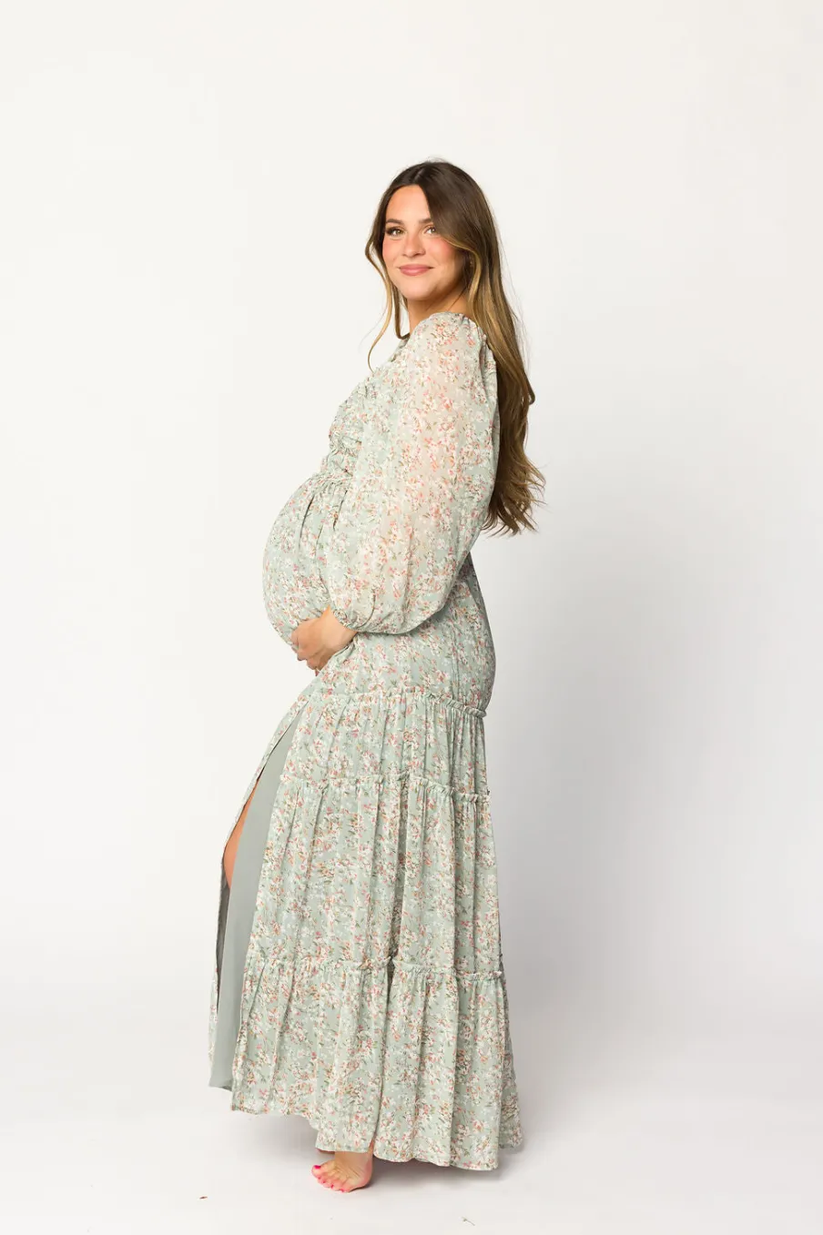 Online Worth Collective Daphne Long Sleeve Maxi Dress in Sage/Pink/Ivory Floral - Bump Friendl