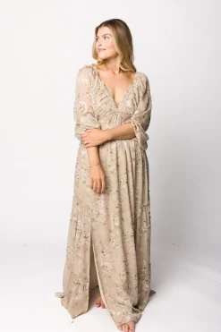 New Worth Collective Daphne Long Sleeve Maxi Dress in Beige Multi Floral - Bump Friendly &