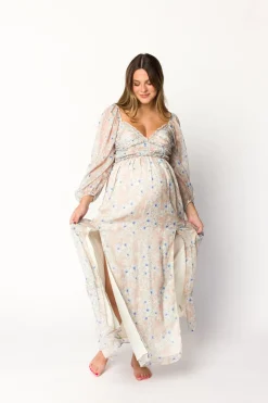 Hot Worth Collective Daphne Long Sleeve Maxi Dress in Beige/Blue Floral - Bump Friendly & I