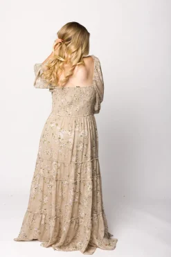New Worth Collective Daphne Long Sleeve Maxi Dress in Beige Multi Floral - Bump Friendly &