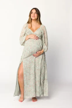 Online Worth Collective Daphne Long Sleeve Maxi Dress in Sage/Pink/Ivory Floral - Bump Friendl