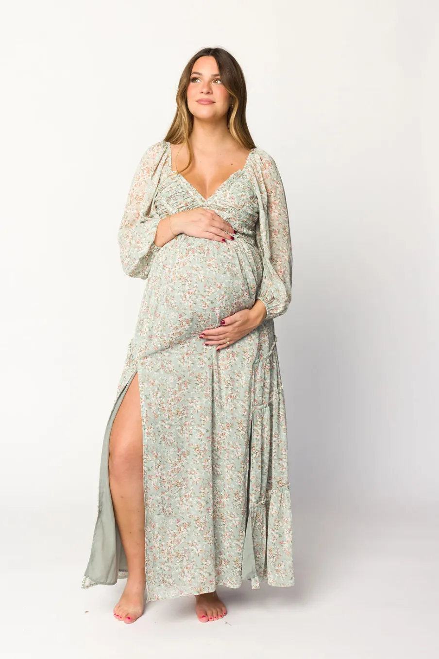 Online Worth Collective Daphne Long Sleeve Maxi Dress in Sage/Pink/Ivory Floral - Bump Friendl