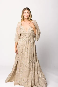 New Worth Collective Daphne Long Sleeve Maxi Dress in Beige Multi Floral - Bump Friendly &
