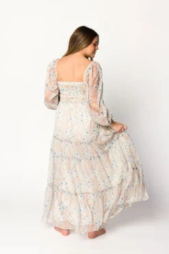 Hot Worth Collective Daphne Long Sleeve Maxi Dress in Beige/Blue Floral - Bump Friendly & I