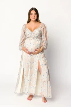Hot Worth Collective Daphne Long Sleeve Maxi Dress in Beige/Blue Floral - Bump Friendly & I