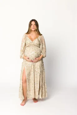 New Worth Collective Daphne Long Sleeve Maxi Dress in Beige Multi Floral - Bump Friendly &