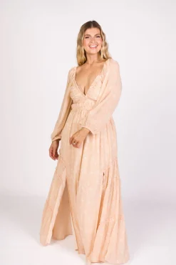Outlet Worth Collective Daphne Long Sleeve Maxi Dress in Light Beige/White Floral - Bump Frien