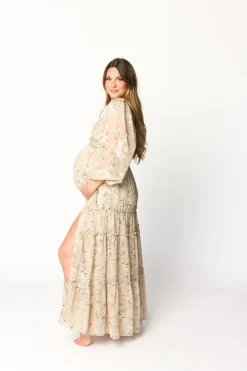 New Worth Collective Daphne Long Sleeve Maxi Dress in Beige Multi Floral - Bump Friendly &