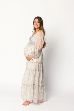 Hot Worth Collective Daphne Long Sleeve Maxi Dress in Beige/Blue Floral - Bump Friendly & I