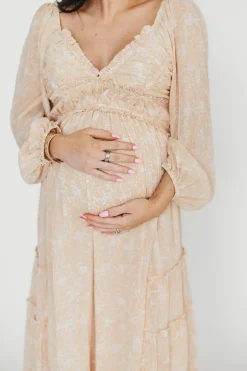 Outlet Worth Collective Daphne Long Sleeve Maxi Dress in Light Beige/White Floral - Bump Frien