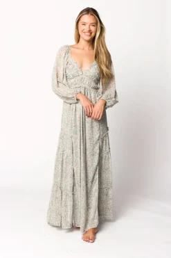 Online Worth Collective Daphne Long Sleeve Maxi Dress in Sage/Pink/Ivory Floral - Bump Friendl