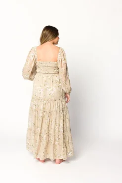 New Worth Collective Daphne Long Sleeve Maxi Dress in Beige Multi Floral - Bump Friendly &