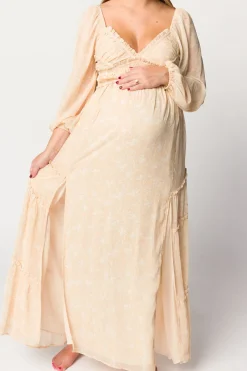 Outlet Worth Collective Daphne Long Sleeve Maxi Dress in Light Beige/White Floral - Bump Frien